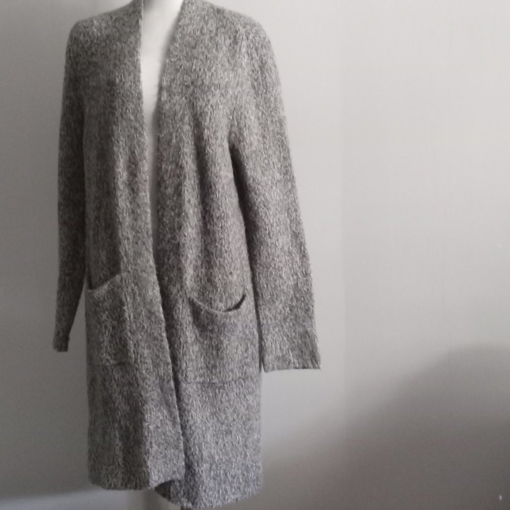 George Wool blend long wrap grey pouch pocket open cardigan sweater boho sz M